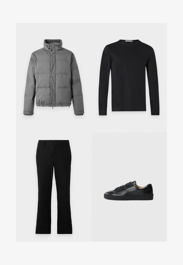 Iceberg PIUMINO - Dunjakker - grigio scuro; Sort langærmet t-shirt med rund hals, slank pasform og en lille "Tiger of Sweden" label inde i halsudskæringen.; Sorte flagrende bukser lavet af en blanding af bomuldsstof, med knaplukning, bælteløkker og en glat tekstur uden synlige mønstre.; Sorte lædersneakers med en glat overflade, rund tå og snørebåndslukning. Har en tyk gummisål og minimal branddetalje.