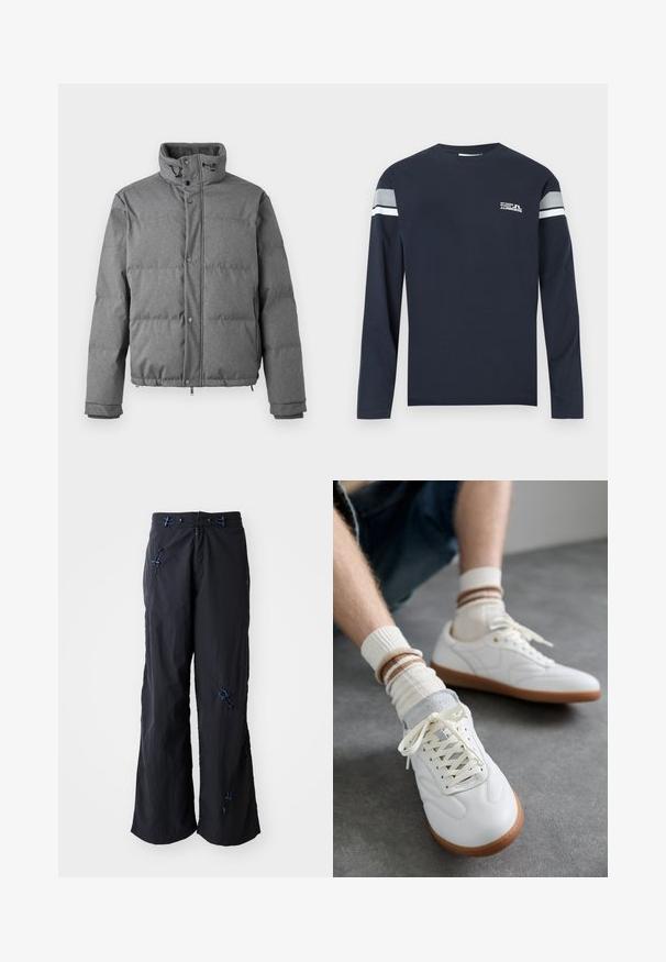 Iceberg PIUMINO - Daunenjacke - grigio scuro; Marineblaues Langarm-T-Shirt aus Baumwollstoff mit Rundhalsausschnitt, einem weißen und grauen Streifen auf den Ärmeln sowie einem kleinen Logo auf der Brust.; Schwarze, leichte, weit geschnittene Hosen mit strukturierter Oberfläche. Mit blauen Akzenten und verstellbaren Zügen. Reißverschluss.; Weiße Ledersneaker mit glatter Textur, grauen Wildlederelementen, beigen Gummisohlen und flachen Schnürsenkeln. Kombiniert mit cremefarbenen und braun gestreiften Socken.