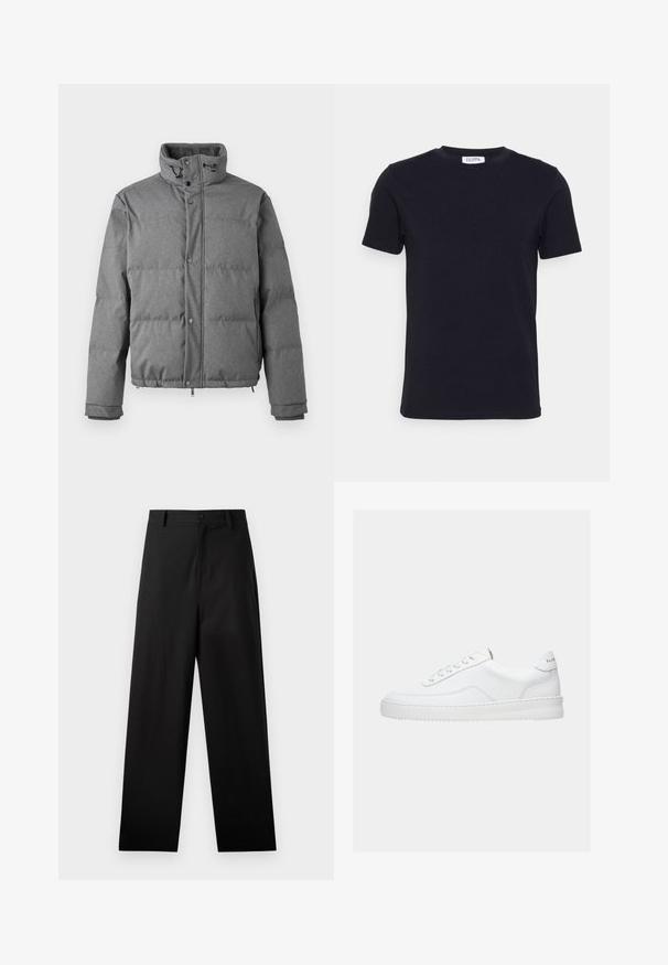 Iceberg PIUMINO - Daunenjacke - grigio scuro; Schwarzes T-Shirt mit kurzen Ärmeln und Rundhalsausschnitt, mit einem kleinen weißen Etikett auf der Innenseite des Kragens.; Schwarze Baumwollhosen mit geradem Bein, ausgestattet mit einem vorderen Knopfverschluss und Seiten Taschen. Glatte Textur, keine Muster.; Weißer Sneaker mit niedrigem Schaft, Schnürdesign, glattem Lederobermaterial und dicker Sohle, von der Seite auf einfachem Hintergrund gezeigt.