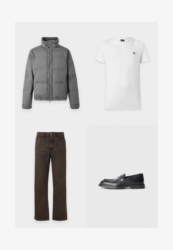 Iceberg PIUMINO - Dunjakker - grigio scuro; Hvid t-shirt med korte ærmer og rund halsudskæring med et lille sort-hvidt stribet zebra-logo på venstre bryst.; Mørkebrune jeans med lige ben, forlommer, bæltestropper og knaplukning foran på en ensfarvet baggrund.; Sorte læder loafers med en struktureret finish, der har en dekorativ frontrem og en rundet tå. Gummisål for holdbarhed.