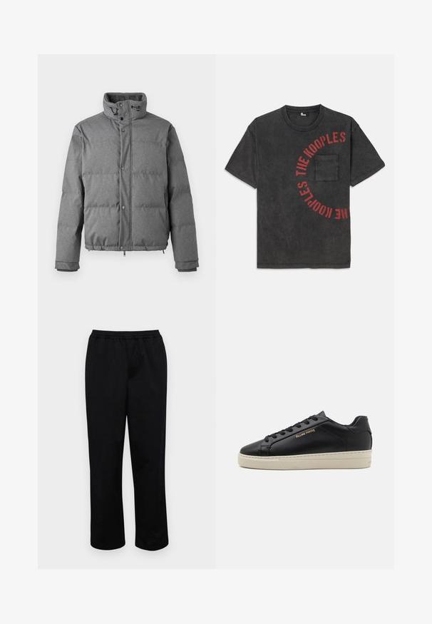 Iceberg PIUMINO - Doudoune - grigio scuro; T-shirt en coton noir avec un graphique rond en texte rouge portant "THE KOOPLES," doté d'une poche sur le devant et d'une coupe décontractée.; Pantalons noirs mi-longs avec une taille élastique. Fabriqués en tissu lisse, présentant une coupe décontractée et sans poches ni embellissements visibles.; Sneaker en cuir noir avec une finition lisse, semelle crème contrastante, bout arrondi, logo doré sur le côté et six œillets pour les lacets.