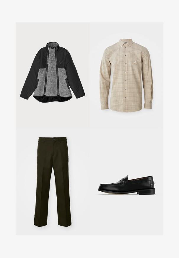 Sort og grå jakke med fleece-krop og glat ydre. Har høj krave, lynlåslukning og sidelommer.; Langærmet skjorte i beige og lyseblå plaid. Har en klassisk krave, frontknapper og et broderet fuglelogo på brystet.; The Kooples PANTALON - Bukser - kaki; Sort læder herre loafer med lav hæl og mokkasinsyning på tåen, vist fra siden på en ensfarvet baggrund.
