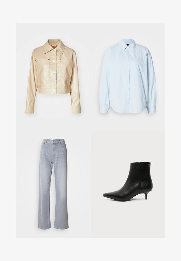 Chaqueta de cuero sintético beige recortada con cuello de punta, botones a presión plateados, dos bolsillos en el pecho y textura suave.; Camisa de botones de manga larga color azul claro, hecha de algodón. Presenta un cuello, un dobladillo redondeado y un pequeño bolsillo en el pecho con un logotipo bordado.; Jeans de pernera ancha en gris claro, con cintura alta, hechos de denim. Presentan bolsillos frontales, cremallera y un leve desvanecimiento por toda la prenda.; Botín de piel negra con puntera puntiaguda y tacón bajo estilo kitten sobre fondo claro, mostrando vista lateral exterior.