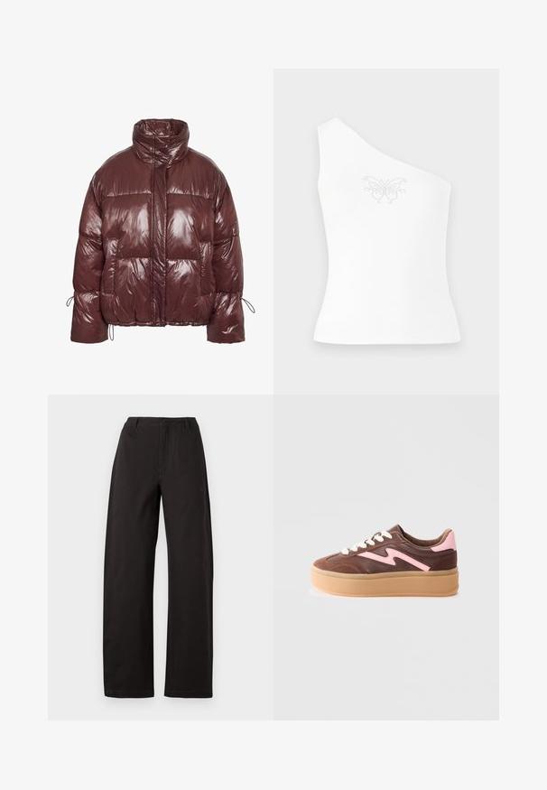 Chaqueta acolchada burdeos hecha de material brillante y acolchado. Cuenta con cuello alto, cordón elástico en las mangas y grandes bolsillos delanteros.; Top blanco de un solo hombro hecho de un tejido suave, con un diseño de mariposa adornado con pequeños strass en la parte delantera.; Pantalones de pierna ancha negros, con una cintura alta, corte recto y textura suave. Sin patrones visibles ni detalles de herrajes.; Zapatillas de plataforma marrones y rosas con material de ante y cuero. Con cordones blancos, un diseño en forma de ola y una suela de goma texturizada.