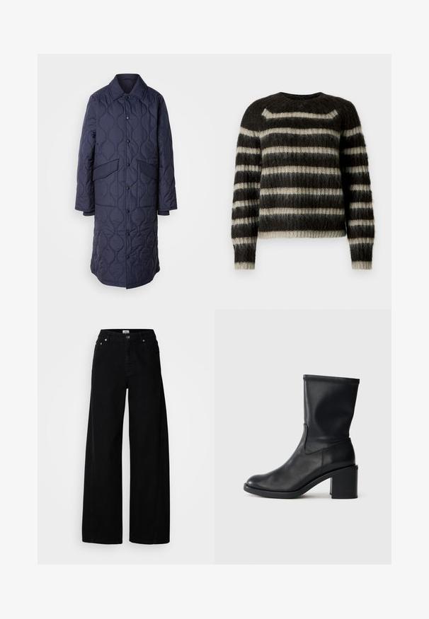 Manteau matelassé marine avec col, poches avant et fermeture à boutons-pression. Présente un motif ondulé distinct sur la texture du tissu.; Pull en tricot duveteux marron et beige avec des rayures horizontales et des manches longues sur fond blanc.; Jean noir évasé en denim avec fermeture à bouton, design à cinq poches et finition soignée. Fabriqué à partir d'un tissu texturé pour plus de durabilité.; Botte en cuir noir à cheville avec un bout rond, texture lisse et un talon épais, présentant un tige ajustée et un subtil détail de couture.