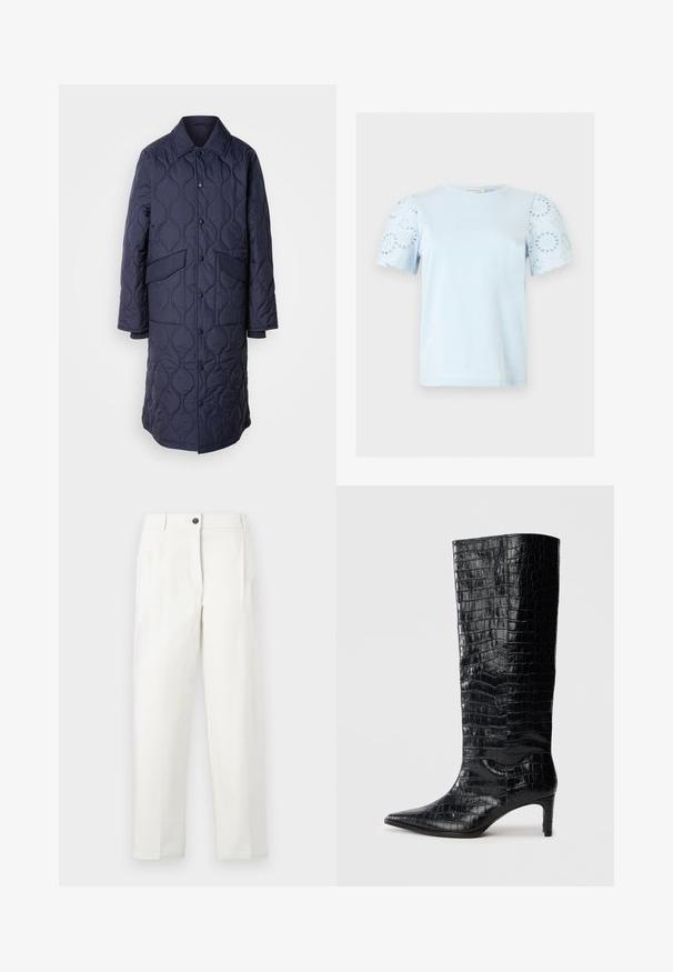 Manteau matelassé marine avec col, poches avant et fermeture à boutons-pression. Présente un motif ondulé distinct sur la texture du tissu.; Haut bleu clair à manches courtes avec encolure ronde et manches bouffantes en dentelle ajourée présentant des motifs floraux circulaires.; Pantalon blanc taille haute à coupe ajustée, avec plis, fermeture avant par boutons, et jambes droites. Confectionné en tissu lisse.; Bottes noires montantes, avec une texture brillante à motif crocodile, bout pointu et talon effilé. Matériau synthétique lisse.