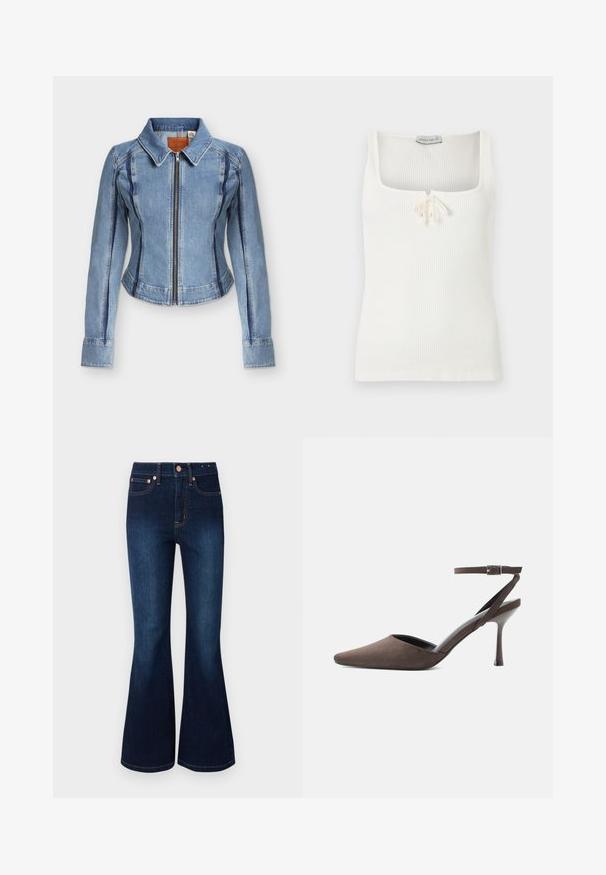 Veste en denim bleu clair à manches longues, fermeture éclair à l'avant, col, et détails de coutures plus foncées sur les manches et les côtés.; Débardeur blanc côtelé sans manches avec un décolleté carré et un petit nœud noué au centre devant.; Jean évasé bleu foncé à taille haute, en denim. Doté de quincaillerie de couleur cuivrée et d'un design classique à cinq poches. Texture lisse.; Chaussure à talon haut en daim marron à bout pointu, avec une fine bride de cheville et une boucle argentée sur fond blanc.