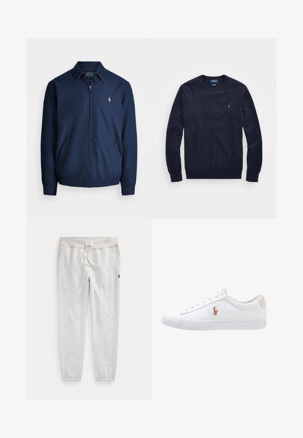 Marine blauwe ritsjack met een kraag, voorzakken, elastische manchetten en een klein geborduurd logo op de borst. Glad stoftextuur.; Marineblauwe crewneck sweatshirt van katoen, met ribgebreide manchetten en onderrand, voorzien van een klein geborduurd logo op de borst.; Lichtgrijze joggingbroek met elastische boorden, een taille met trekkoord, zijzakken en een klein donker logo op de bovenste linker dij.; Witte canvas sneakers met een laag ontwerp, featuring een beige hieltab en een klein geborduurd logo aan de zijkant. Rubber zool.