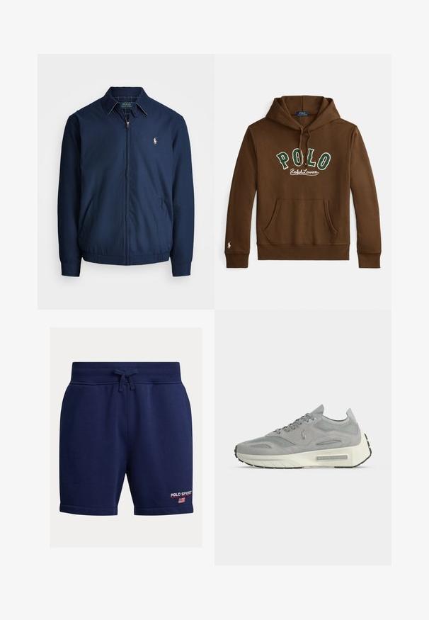 Navy zip-up takki, jossa on kaulus, etutaskut, joustavat hihansuut ja pieni brodeerattu logo rinnassa. Sileä kangasrakenteeltaan.; Ruskea hupullinen collegepaita, jossa vihreä- ja valkoinen "POLO Ralph Lauren" -teksti, etuosan kengurun tasku ja pieni valkoinen logo vasemman hihan resorissa.; Laivastonsiniset shortsit, joissa on joustava vyötärönauha ja kiristysnaru. Alaraidassa on punavalkoinen "POLO SPORT"-logo kirjailtuna.; Harmaa mokka- ja verkkotennari valkoisella korokepohjalla ja Ralph Lauren -logolla sivulla ja pohjassa, nähtynä kengän sisäsivulta.