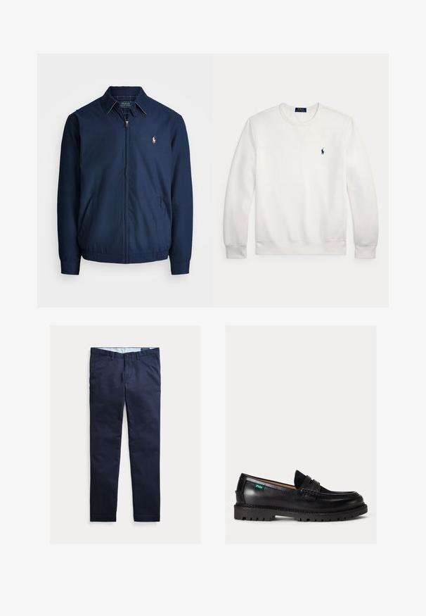 Veste zippée navy avec col, poches avant, poignets élastiques, et un petit logo brodé sur la poitrine. Texture de tissu lisse.; Sweat-shirt blanc à manches longues avec col rond et petit logo Polo Ralph Lauren bleu marine sur la poitrine gauche.; Chinos homme bleu marine coupe slim avec passants pour ceinture, bouton à l'avant et poches, présentés à plat sur fond blanc.; Mocassin en cuir noir avec semelle épaisse, bout arrondi et étiquette verte Polo sur le côté.
