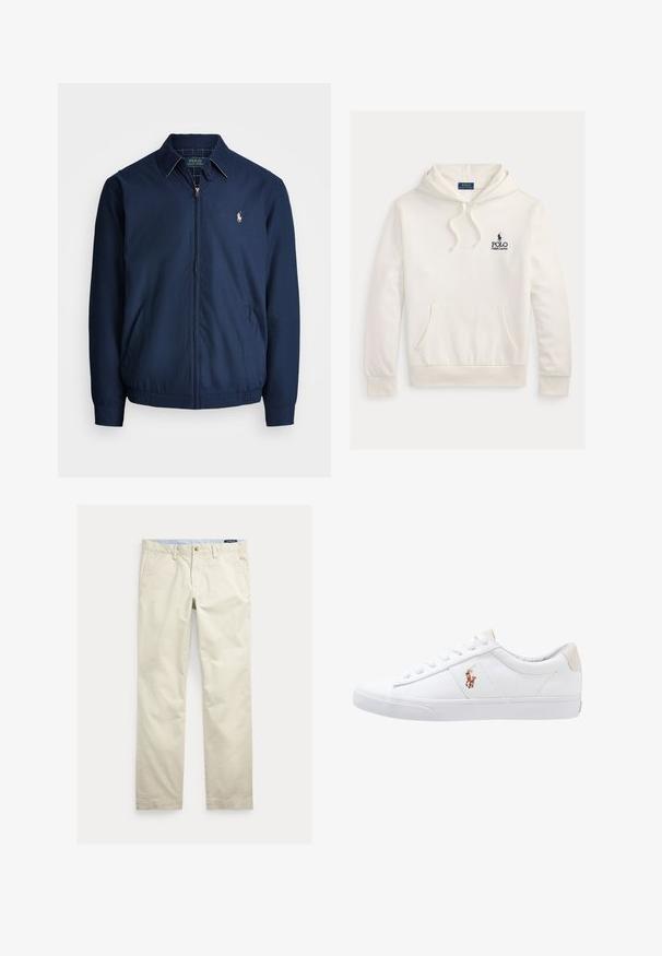 Marineblaue Zip-Jacke mit Kragen, Fronttaschen, elastischen Bündchen und einem kleinen gestickten Logo auf der Brust. Glatte Stofftextur.; Weißer Polo Ralph Lauren Hoodie mit Kängurutasche vorn, Kapuze mit Kordelzug und marineblauem Logotext mit Pferd-und-Reiter-Emblem auf der Brust.; Beige Baumwollhosen mit geradem Bein, Gürtelschlaufen, vorderem Knopf, Reißverschluss und Seitentaschen.; Weiße Leinensneaker im Low-Top-Design mit einem beigen Ferseneinsatz und einem kleinen gestickten Logo an der Seite. Gummisohle.