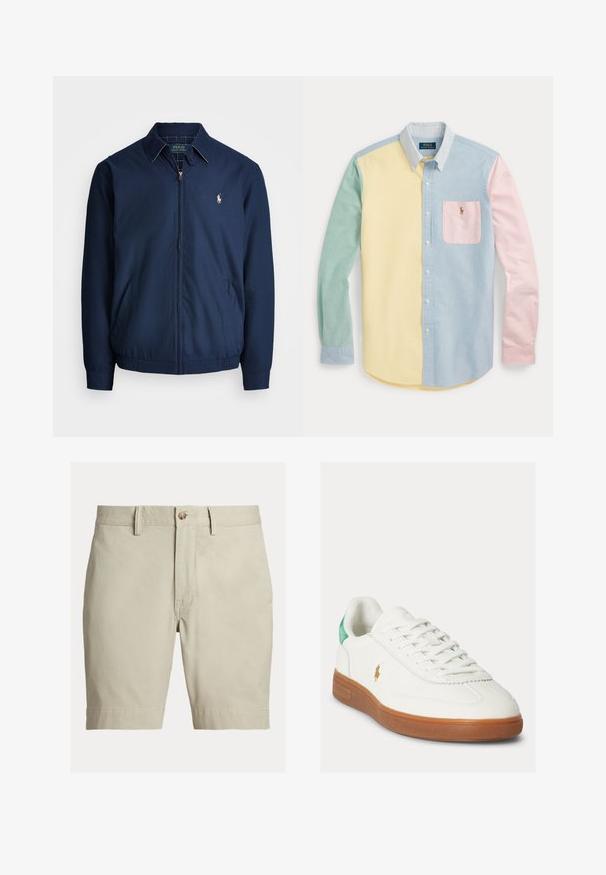 Marine blauwe ritsjack met een kraag, voorzakken, elastische manchetten en een klein geborduurd logo op de borst. Glad stoftextuur.; Overhemd met lange mouwen en knopen in color-block ontwerp in pastelgeel, groen, blauw en roze, met een gestreepte kraag en borstzak met logo.; Beige knielange korte broek met riemlussen, knoopsluiting en ritssluiting, afgebeeld tegen een witte achtergrond.; Witte sneaker met veters, bruine rubberen zool, groene hieltab en klein goudkleurig polo-spelerlogo aan de buitenkant.