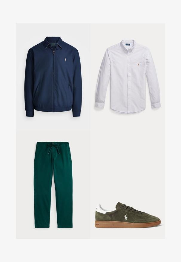 Navy zip-up takki, jossa on kaulus, etutaskut, joustavat hihansuut ja pieni brodeerattu logo rinnassa. Sileä kangasrakenteeltaan.; Valkoinen ja vaaleansininen pystysuorasti raidallinen pitkähihaisella napituksella varustettu paita, jossa on kaulus ja pieni brodeerattu logo rinnassa.; Polo Ralph Lauren POLO PREPSTER STRETCH CLASSIC FIT PANT - Housut - frond green; Olivinvihreä mokkanahkainen tennari, jossa ruskea kumipohja, valkoinen kantanauha, nauhallinen edestä ja valkoinen Ralph Laurenin poloilijan logo sivussa.