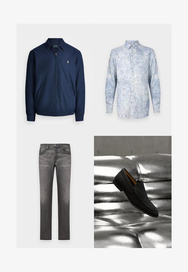 Navy zip-up takki, jossa on kaulus, etutaskut, joustavat hihansuut ja pieni brodeerattu logo rinnassa. Sileä kangasrakenteeltaan.; Vaaleansininen kauluspaita, jossa on kukkakuvioita, pitkät hihat ja klassinen kaulus. Valmistettu pehmeästä kankaasta, jossa on sileä pinta.; Tummanharmaat farkut, joissa on suora lahjetyyli, viisi taskua, hillitty kuluminen ja tikkaus yksityiskohtina saumoissa.; Musta nahkainen loafer-kengä, joka leijuu kiiltävän hopeanvärisen, tuftatun nahkapinnan yllä.