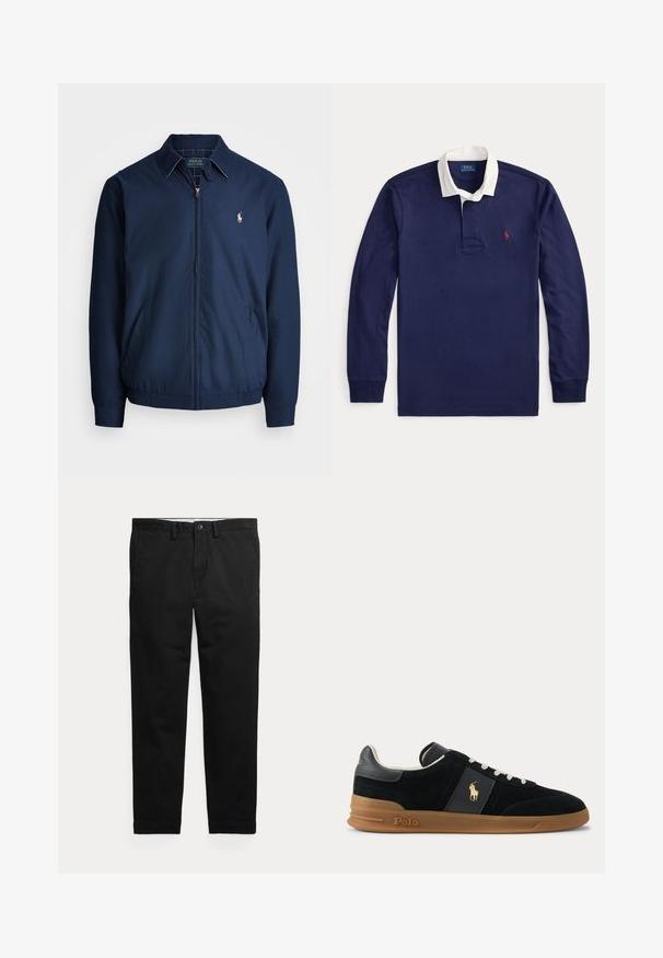 Marineblaue Zip-Jacke mit Kragen, Fronttaschen, elastischen Bündchen und einem kleinen gestickten Logo auf der Brust. Glatte Stofftextur.; Marineblaues Langarm-Poloshirt mit weißem Kragen und rotem, auf der Brust gesticktem Logo, flach auf weißem Hintergrund ausgelegt.; Schwarze Hose mit geradem Bein, Gürtelschlaufen, Frontknopf und Seitentaschen, flach auf hellem Hintergrund dargestellt.; Schwarzer Sneaker mit niedrigem Schaft, weißen Schnürsenkeln, brauner Gummisohle und goldenem Polo-Logo an der Seite und an der Fersenlasche.