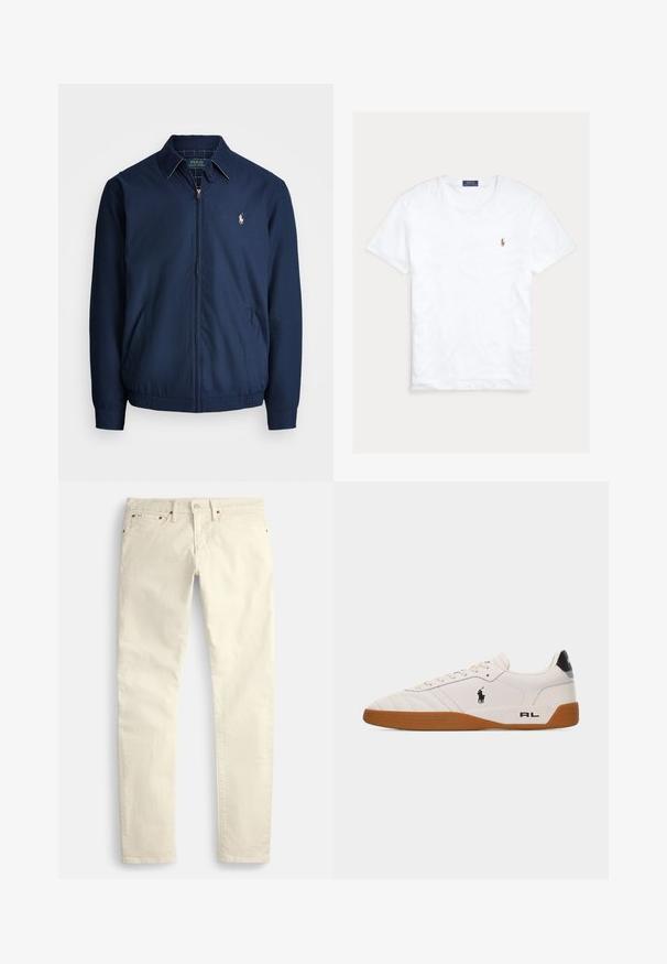 Chaqueta de cremallera azul marino con cuello, bolsillos frontales, puños elásticos y un pequeño logotipo bordado en el pecho. Textura de tela suave.; Camiseta blanca de manga corta y cuello redondo con pequeño logo bordado de Polo Ralph Lauren en el pecho izquierdo y etiqueta azul de la marca en el interior del cuello.; Pantalones beige claro de pierna recta hechos de una tela texturizada. Cuentan con cinco bolsillos y herrajes metálicos marrones. Sin patrones ni accents visibles.; Zapatilla blanca de estilo bajo con suela de goma marrón, logo negro de Polo Ralph Lauren en el lateral y texto "RL" en la parte del talón.