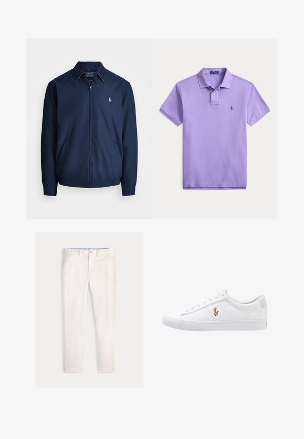 Marine blauwe ritsjack met een kraag, voorzakken, elastische manchetten en een klein geborduurd logo op de borst. Glad stoftextuur.; Lavendel polo shirt met korte mouwen, kraag, een knoopsluiting met twee knopen en een klein donkerblauw geborduurd paardenlogo op de linkerkant van de borst.; Slim-fit herensbroek in off-white met voorzakken, riemlussen en een knoopsluiting op een effen achtergrond.; Witte canvas sneakers met een laag ontwerp, featuring een beige hieltab en een klein geborduurd logo aan de zijkant. Rubber zool.