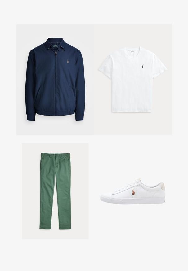 Veste zippée navy avec col, poches avant, poignets élastiques, et un petit logo brodé sur la poitrine. Texture de tissu lisse.; T-shirt blanc à manches courtes et col en V avec un petit logo cheval Polo Ralph Lauren bleu marine sur la poitrine gauche.; Pantalon vert droit pour homme avec poches avant, passants de ceinture et fermeture par bouton, présenté à plat sur fond blanc.; Baskets en toile blanches avec un design basse, présentant un onglet de talon beige et un petit logo brodé sur le côté. Semelle en caoutchouc.