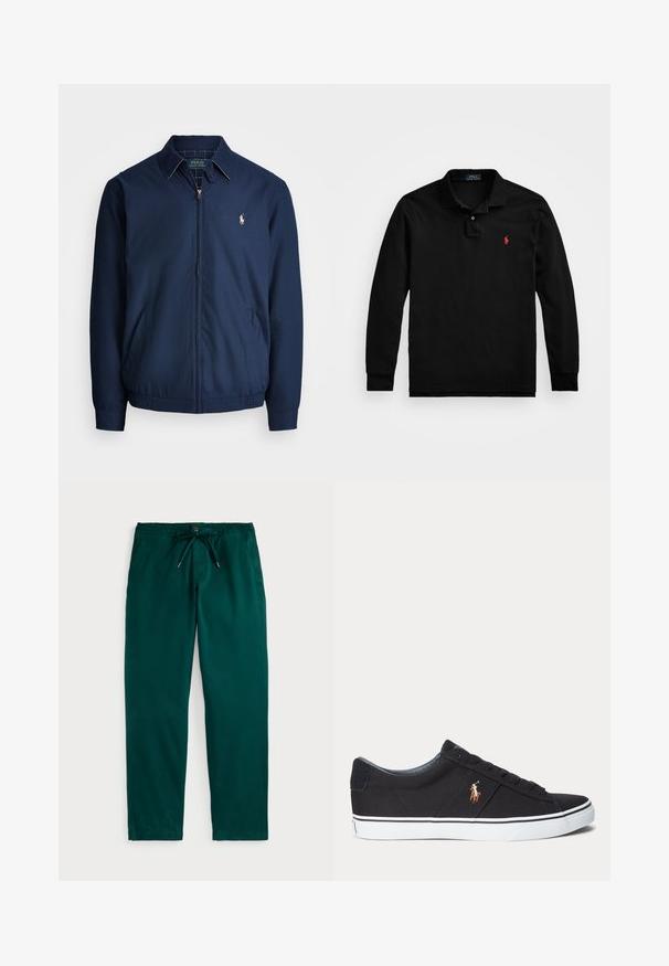 Marineblaue Zip-Jacke mit Kragen, Fronttaschen, elastischen Bündchen und einem kleinen gestickten Logo auf der Brust. Glatte Stofftextur.; Schwarzes Langarm-Poloshirt mit Kragen und zwei Knöpfen, mit kleinem roten gesticktem Logo auf der linken Brust.; Polo Ralph Lauren POLO PREPSTER STRETCH CLASSIC FIT PANT - Stoffhose - frond green; Schwarzer Sneaker mit niedrigem Schaft, weißer Sohle und gesticktem Polospieler-Logo an der Seite, mit Schnürverschluss und strukturiertem Stoff-Obermaterial.
