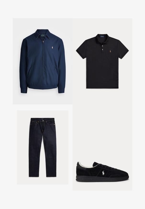 Marine blauwe ritsjack met een kraag, voorzakken, elastische manchetten en een klein geborduurd logo op de borst. Glad stoftextuur.; Zwart poloshirt met korte mouwen, twee knopen en klein geborduurd logo op de linkerborst.; Donker indigoblauwe rechte jeans met vijf zakken, knoop- en ritsluiting en contrasterende oranje stiksels op een effen achtergrond.; Zwarte lage sneaker met zwarte veters, witte voering en wit Polo Ralph Lauren-logo op de zijkant en hiel.