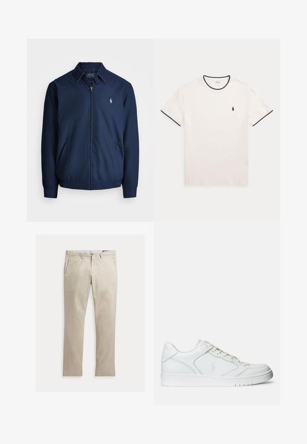 Marineblå lynlåsjakke med krave, forlommer, elastiske manchetter og et lille broderet logo på brystet. Glat stoftekstur.; Hvid T-shirt med korte ærmer og rund hals med marineblå kant ved krave og ærmer, med lille marineblåt Polo Ralph Lauren-hestelogo på venstre bryst.; Beige bomuldsbukser med lige ben, forlommer, bæltestropper, knaplukning og lynlås, lagt fladt på en hvid baggrund.; Hvide lædersneakers med en glat tekstur, der har en perforeret tå, snørebåndslukning og broderet logo på siden. Hvid gummisål.