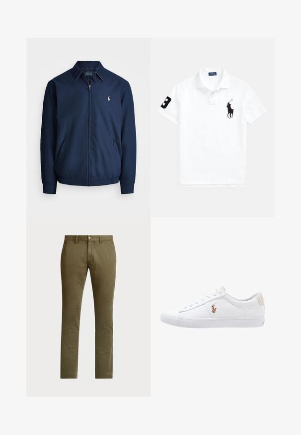 Marineblå lynlåsjakke med krave, forlommer, elastiske manchetter og et lille broderet logo på brystet. Glat stoftekstur.; Hvid polo skjorte lavet af bomuld, med en sort broderet polo spiller logo og sort nummer "3" på venstre ærme. Klassisk krave design.; Polo Ralph Lauren BEDFORD STRETCH SLIM FIT CHINO PANT - Chino - canopy olive; Hvide kanvas sneakers med lågtop design, prydet med en beige hælkappe og et lille broderet logo på siden. Gummisål.