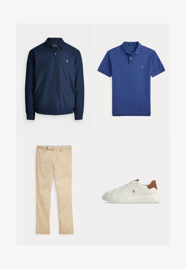 Marine blauwe ritsjack met een kraag, voorzakken, elastische manchetten en een klein geborduurd logo op de borst. Glad stoftextuur.; Blauwe polo-shirt met korte mouwen, een kraag, twee knopen en een klein geborduurd logo op de linkerkant van de borst.; Beige broek met rechte pijpen, ceintuurlussen en een voorrits, plat gelegd tegen een witte achtergrond.; Witte lage sneaker met een bruine hieltab, veterluiting aan de voorkant, dikke zool en klein geborduurd paardenlogo aan de zijkant.