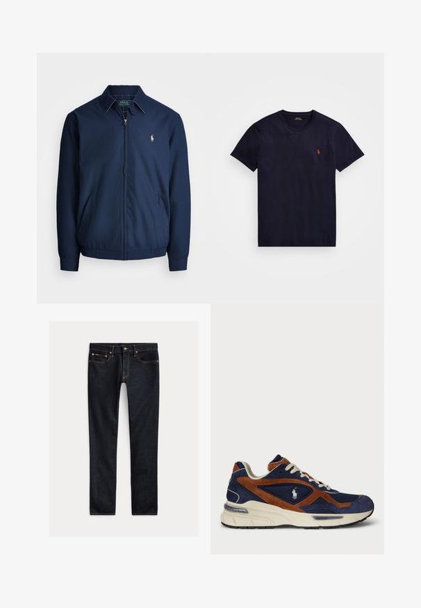 Marine blauwe ritsjack met een kraag, voorzakken, elastische manchetten en een klein geborduurd logo op de borst. Glad stoftextuur.; Navyblauw katoenen t-shirt met een ronde hals, korte mouwen en een klein rood geborduurd logo op de linkerborst. Zachte textuur, klassieke fit.; Donkerblauwe slim-fit jeans met vijf zakken, knoopsluiting en contrasterende stiksels, plat gelegd op een lichte achtergrond.; Marineblauwe en bruine suède sneakers met mesh-details, witte veters en een crèmekleurige tussenzool; voorzien van een logo aan de zijkant en een gestructureerde afwerking.