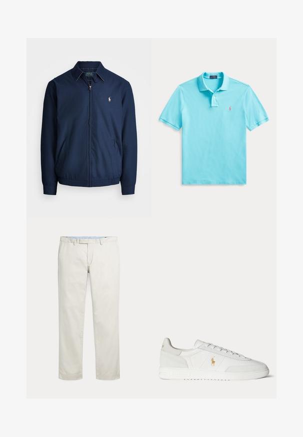 Marineblå lynlåsjakke med krave, forlommer, elastiske manchetter og et lille broderet logo på brystet. Glat stoftekstur.; Lyseblå kortærmet poloshirt med to knapper og lille lyserød broderet logo på brystet, lagt fladt på hvid baggrund.; Kremfarvede bukser med lige ben, bæltestropper og skjult inderstik foran på en ensfarvet baggrund.; Hvid lavtop sneaker med snøredesign, guldfarvet Polo Ralph Lauren-logo på siden og tekstureret sål på en ensfarvet baggrund.