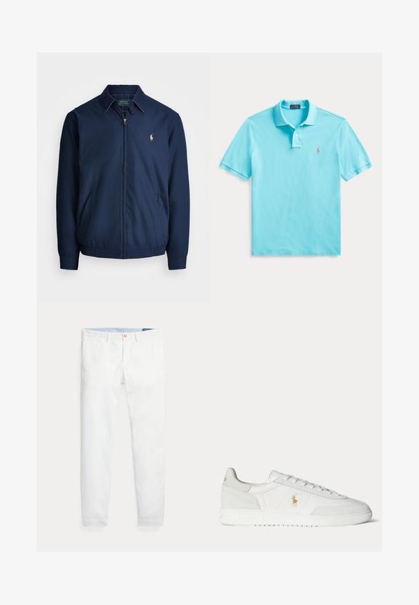 Marineblå lynlåsjakke med krave, forlommer, elastiske manchetter og et lille broderet logo på brystet. Glat stoftekstur.; Lyseblå kortærmet poloshirt med to knapper og lille lyserød broderet logo på brystet, lagt fladt på hvid baggrund.; Hvide bomuldschinos med slank pasform, med en enkelt guldknaplukning og lyseblåt inderliv. Glat tekstur uden mønstre.; Hvid lavtop sneaker med snøredesign, guldfarvet Polo Ralph Lauren-logo på siden og tekstureret sål på en ensfarvet baggrund.