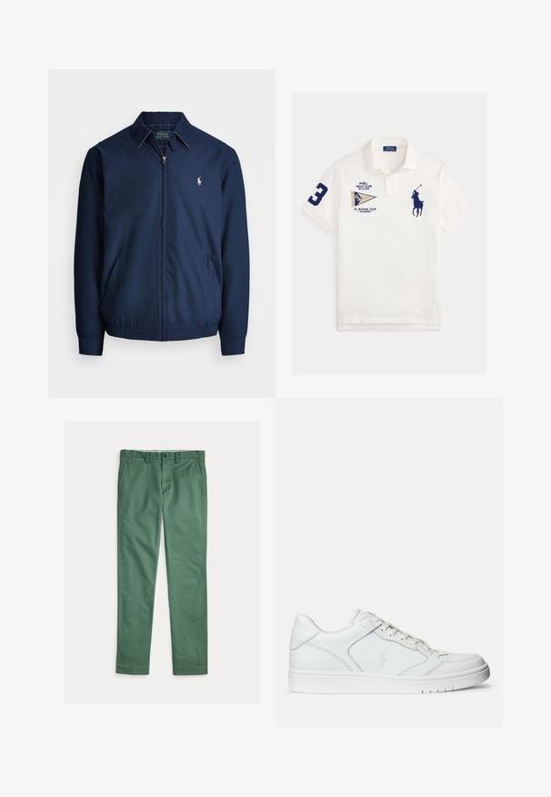 Marineblå lynlåsjakke med krave, forlommer, elastiske manchetter og et lille broderet logo på brystet. Glat stoftekstur.; Hvid polo-shirt med navyblåt nummer 3 på ærmet, navy polo-spillerslogo på brystet og yachtclub- og marinetur-patches foran.; Grønne herrebukser med lige ben, forlommer, bæltestropper og knaplukning, vist fladt på en hvid baggrund.; Hvide lædersneakers med en glat tekstur, der har en perforeret tå, snørebåndslukning og broderet logo på siden. Hvid gummisål.