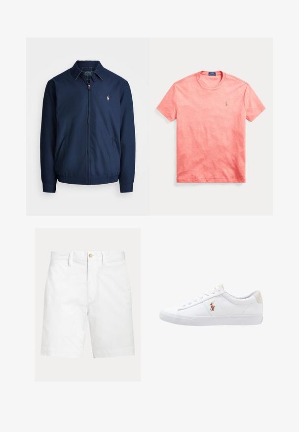 Marineblå lynlåsjakke med krave, forlommer, elastiske manchetter og et lille broderet logo på brystet. Glat stoftekstur.; Korallpink kortærmet T-shirt med rund hals og lille broderet Polo Ralph Lauren-logo på venstre bryst.; Hvide shorts til knæet med bæltestropper og en brun knaplukning i taljen, vist på en ensfarvet baggrund.; Hvide kanvas sneakers med lågtop design, prydet med en beige hælkappe og et lille broderet logo på siden. Gummisål.