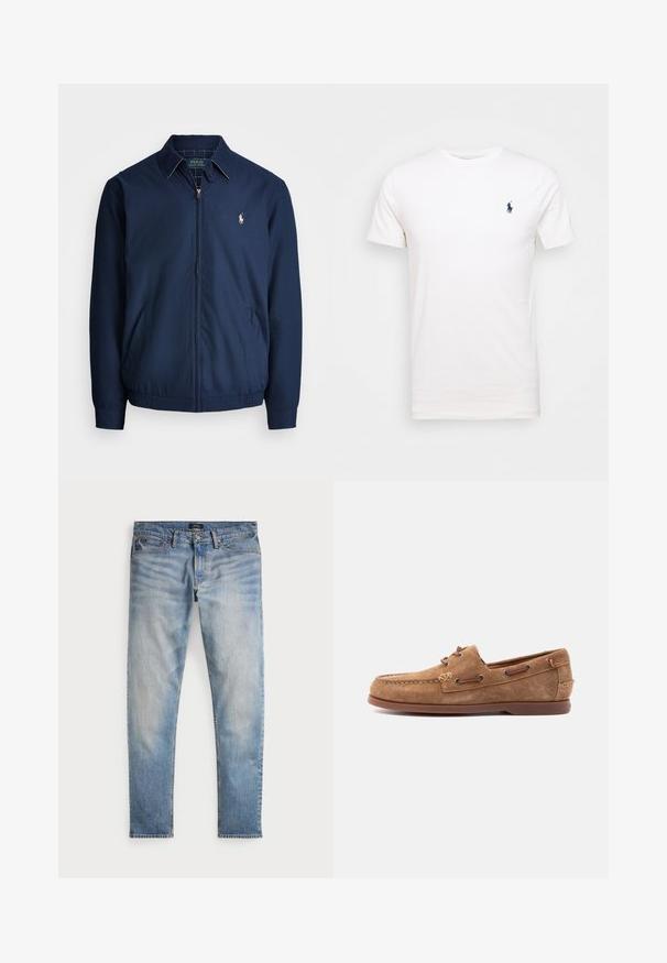 Marine blauwe ritsjack met een kraag, voorzakken, elastische manchetten en een klein geborduurd logo op de borst. Glad stoftextuur.; Witte katoenen t-shirt met een ronde hals. Heeft een klein donkerblauw logo op de linkerborst. Korte mouwen, soepele textuur.; Lichtblauwe denim jeans met een vervaagde afwerking, vijfzakkenontwerp en contrasterende stiksels. Heeft een ritssluiting en riemlussen. Rechte snit.; Bruine suède mocassin met leren veters, gestikte neus en platte rubberen zool, zijaanzicht op een lichte achtergrond.