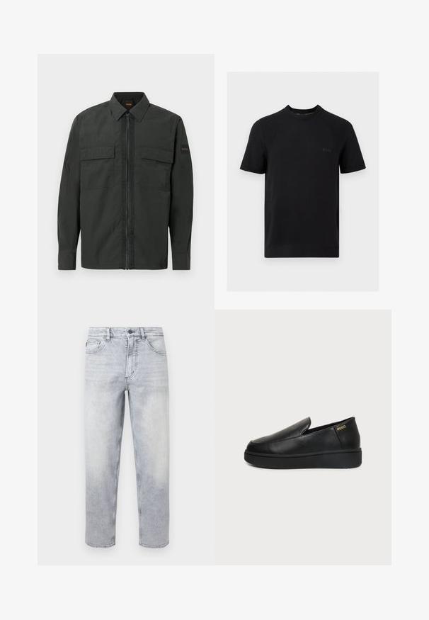 Veste légère noire avec une fermeture éclair frontale, deux poches poitrine et un logo discret sur la manche. Dotée d'un col structuré et de manches longues.; T-shirt noir à manches courtes et col rond avec des panneaux texturés subtils et un petit logo embossé « BOSS » sur la poitrine gauche.; Jean en denim gris clair délavé pierre avec fermeture par bouton et fermeture éclair, poches avant et arrière, coupe droite.; Chaussure noire en cuir à enfiler avec semelle épaisse et petits trous de ventilation latéraux, avec un logo doré "HUGO" près du talon.