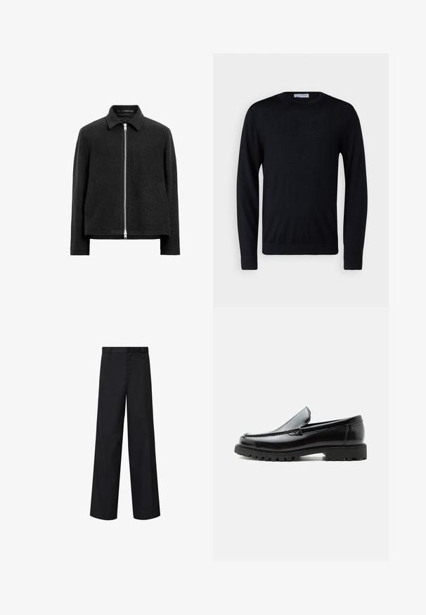 Schwarze Wollmischung-Jacke mit Reißverschluss, spitzem Kragen, zwei Seitentaschen und einer strukturierten, leicht kastigen Silhouette.; Schwarzer Pullover mit langen Ärmeln und Rundhalsausschnitt, mit gerippten Bündchen und Saum, vor weißem Hintergrund präsentiert.; Schwarze weit geschnittene Hose aus glattem Stoff mit geradem Schnitt. Verfügt über eine flache Vorderseite, Gürtelschlaufen und Seitentaschen.; Schwarzer Lederloafer mit grober Gummisohle, genähter Oberseite und geprägtem Markennamen an der Ferse, seitlich auf weißem Hintergrund gezeigt.