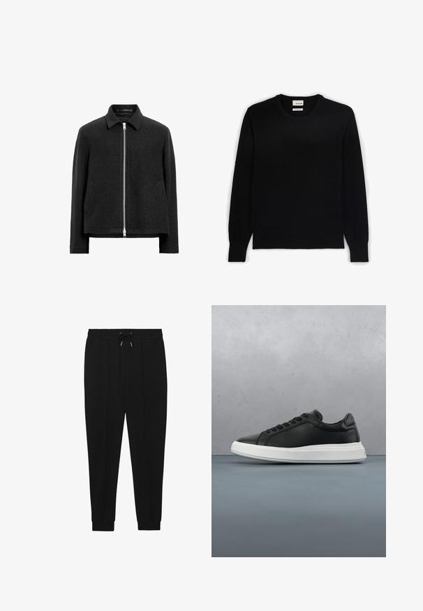Schwarze Wollmischung-Jacke mit Reißverschluss, spitzem Kragen, zwei Seitentaschen und einer strukturierten, leicht kastigen Silhouette.; Rodier ROUND NECK - Strickpullover - noir; Schwarze Sporthosen mit Kordelzugbund, schmal zulaufenden Beinen und gerippten Bündchen. Hergestellt aus einem weichen Stoff mit glatter Textur.; Schwarze Ledersneaker mit glatter Oberfläche, weißer Gummisohle, rundem Design, sechs Ösen für die Schnürsenkel und dezentem Branding an der Ferse.