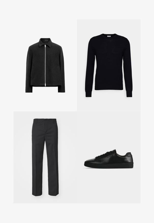 Schwarze Wollmischung-Jacke mit Reißverschluss, spitzem Kragen, zwei Seitentaschen und einer strukturierten, leicht kastigen Silhouette.; Schwarzer Langarmpullover aus weichem Strickmaterial. Rundhalsausschnitt, gerippte Bündchen und Saum. Minimalistisches Design ohne sichtbare Muster oder Knöpfe.; Filippa K TROY TROUSERS - Stoffhose - black; Schwarzer niedriger Ledersneaker mit schwarzen Schnürsenkeln und dicker schwarzer Sohle, von der Seite auf hellgrauem Hintergrund gezeigt.