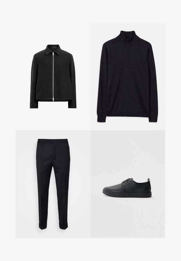 Schwarze Wollmischung-Jacke mit Reißverschluss, spitzem Kragen, zwei Seitentaschen und einer strukturierten, leicht kastigen Silhouette.; Schwarzer Pullover mit langen Ärmeln, geripptem Stehkragen und halbem Reißverschluss, mit dezentem Logo auf der linken Brust.; Schwarze Hosen aus leichtem Stoff, mit einem elastischen Bund, seitlichen Taschen und aufgerollten Säumen. Glatte Textur mit vorderen Falten.; Schwarze Leder-Sneaker mit glatter Oberfläche, abgerundeter Zehenpartie, gleichfarbiger Nähte, schnürbarem Vorderteil und flacher Gummisohle. Schlaufe an der Ferse.