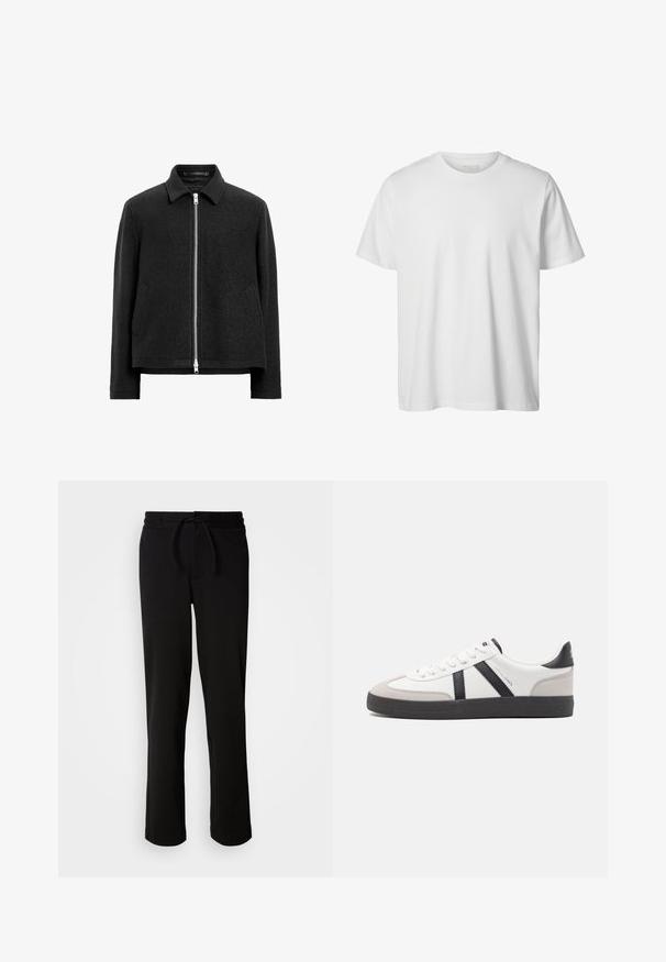 Schwarze Wollmischung-Jacke mit Reißverschluss, spitzem Kragen, zwei Seitentaschen und einer strukturierten, leicht kastigen Silhouette.; Schlichtes weißes T-Shirt mit kurzen Ärmeln und Rundhalsausschnitt, lässiger Passform und ohne sichtbare Logos oder Designs auf der Vorderseite.; Schwarze Jogginghosen mit einem Kordelzugbund, hergestellt aus weichem, elastischem Material. Sie haben einen lockeren Schnitt mit geraden Beinen und keine sichtbaren Taschen.; Weiße Sneaker mit schwarz- und grau-aczenten, ausgestattet mit einer strukturierten grauen Zehenkappe, schwarzer Gummi-Sohle und flachen weißen Schnürsenkeln. Sauberes Design, minimalistische Stil.