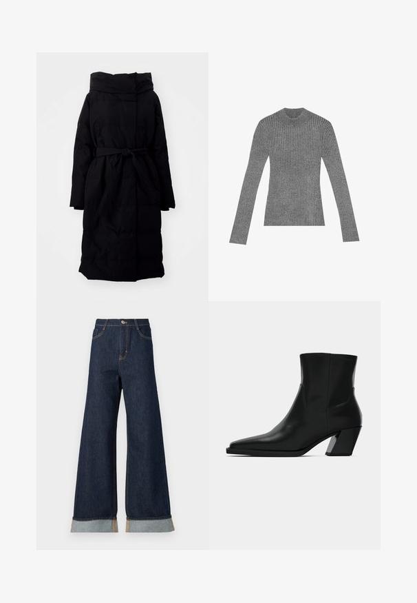 Manteau doudoune noir avec capuche, ceinture à la taille, manches longues et design matelassé rectangulaire. Texture lisse et longueur au niveau des genoux.; Pull à col roulé gris à côtes avec des manches longues, fabriqué en maille texturée, présentant un design ajusté et un style minimaliste.; Jean en denim foncé à jambes larges avec des coutures orange, présentant une taille haute, deux poches avant et des ourlets retroussés mettant en valeur un tissu contrastant bleu clair.; Bottine en cuir noir avec un bout pointu, une silhouette élégante et un talon carré massif. Texture lisse avec des détails de couture minimalistes.