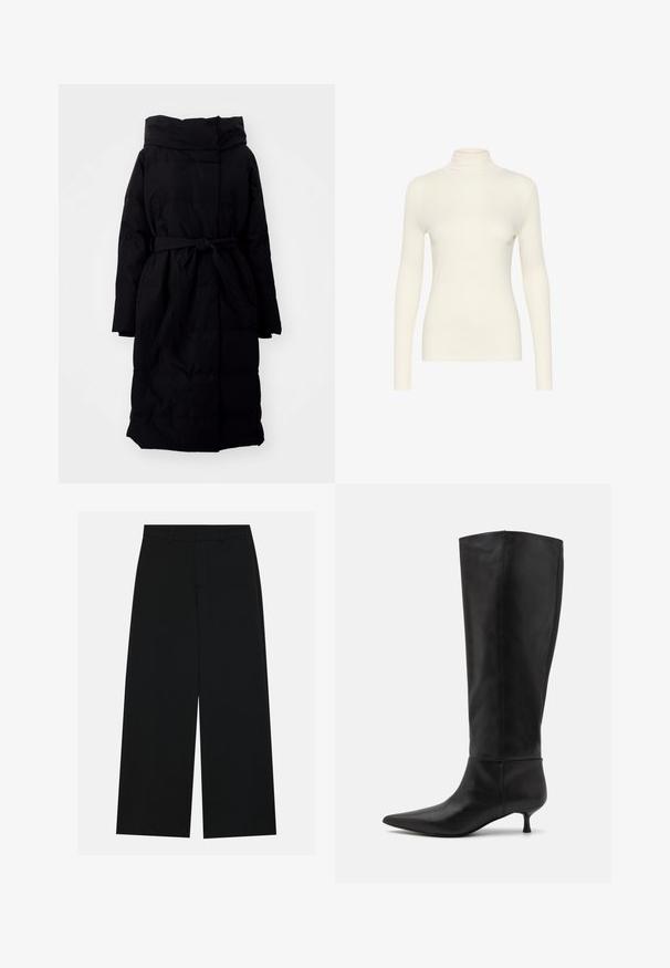 Sort puffet frakke med hætte, bælte i taljen, lange ærmer og rektangulært kviltet design. Glat tekstur og knælang længde.; Hvid langærmet turtleneck-top, lavet af glat stof med en tætsiddende form, der har en høj krave og et minimalistisk design.; Breddebenede sorte bukser lavet af et glat stof. Har en flad talje med bæltestropper og ingen synlige lommer. Simpelt design.; Knæhøje sorte læderstøvler med spids tå og kitten-heel. Glat tekstur og minimalistisk design uden synligt hardware eller accenter.