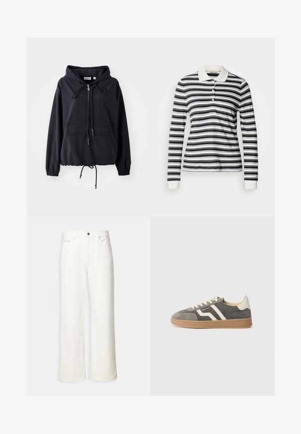 Sort letvægts hættejakke med en frontlomme, justerbare snore i hætten og forneden, samt elastiske ærmer. Har Lacoste branding.; Langærmet polo med marineblå og hvide striber, lavet af bomuld, med tre-knaps slids og ribstrikkede manchetter. Klassisk kravedesign.; Hvide jeans med vide ben, foran med knap, bæltestropper og fem-lomme design.; Grå ruskinds sneaker med struktureret overdel, der har crème striber og snørebånd, samt en gummigummi sål for godt greb. Klassisk atletisk design.