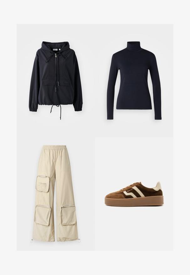 Schwarze leichte Kapuzenjacke mit einer vorderen Taschen, verstellbaren Kordeln an der Kapuze und am Saum sowie elastischen Bündchen. Mit Lacoste-Logo.; Marineblaue Rollkragenoberteil mit langen Ärmeln. Hergestellt aus weichem Stoff mit glatter Textur. Verfügt über ein enganliegendes Design und einen hohen Kragen ohne sichtbare Nähte.; Helle beige Cargo-Hosen mit weitem Bein Design, ausgestattet mit elastischem Bund, mehreren Reißverschlusstaschen und Kordelzugbündchen.; Brauner Wildleder-Sneaker mit beigen Streifen, beiger Fersenlasche, dicker Gummisohle und Schnürverschluss, Seitenansicht auf einfachem Hintergrund.