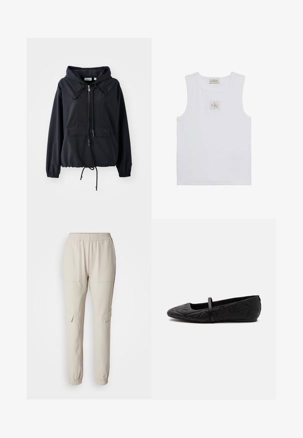 Sort letvægts hættejakke med en frontlomme, justerbare snore i hætten og forneden, samt elastiske ærmer. Har Lacoste branding.; Hvid ærmeløs tanktop med Calvin Klein Jeans-label på brystet og en label nær halsudskæringen på en ensfarvet hvid baggrund.; Beige joggerbukser med elastisk talje, to sidelommer og tapered benafslutninger. Fremstillet af blødt, let vævning.; Sort flad sko med rundet tå, præget geometrisk mønster og en enkelt tynd rem tværs over toppen, vist i sideprofil.
