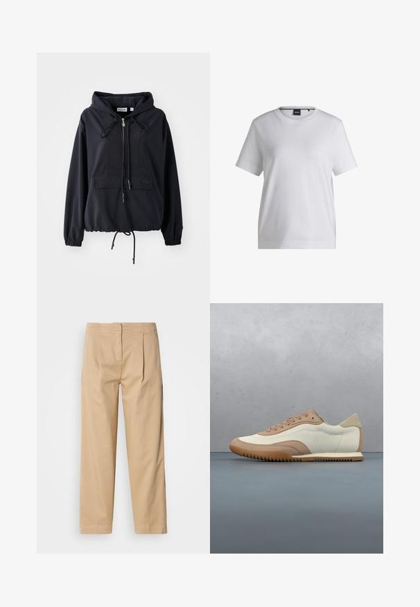 Sort letvægts hættejakke med en frontlomme, justerbare snore i hætten og forneden, samt elastiske ærmer. Har Lacoste branding.; Hvid bomulds t-shirt med rund halsudskæring, korte ærmer og en afslappet pasform. Har et lille mærke nær kraven.; Beige bomuldsbukser med en afslappet pasform, der har to frontfolder, en lige ben-konstruktion og en klassisk knaplukning i taljen.; Sneaker i creme og beige med tekstureret overdel, snørebånd og gummisål, vist oven på en træoverflade med småsten.