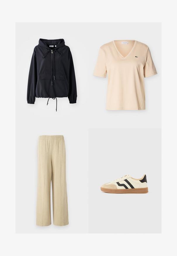 Čierna ľahká mikina s kapucňou, predným vreckom, nastaviteľnými šnúrkami na kapucni a leme a elastickými manžetami. Obsahuje branding Lacoste.; Béžové tričko s krátkym rukávom a výstrihom do V, s malým zeleným logom krokodíla na ľavej strane hrudníka, zobrazené na jednoduchom pozadí.; Bežové nohavice s širokými nohavicami a elastickým pásom, s viditeľnými bočnými švami. Vyrobené z mäkkej tkaniny s hladkým povrchom.; Tenisky na šnurovanie s krémovým zvrškom s čiernymi pruhmi a semišovou špičkou, doplnené hnedou gumovou podrážkou.