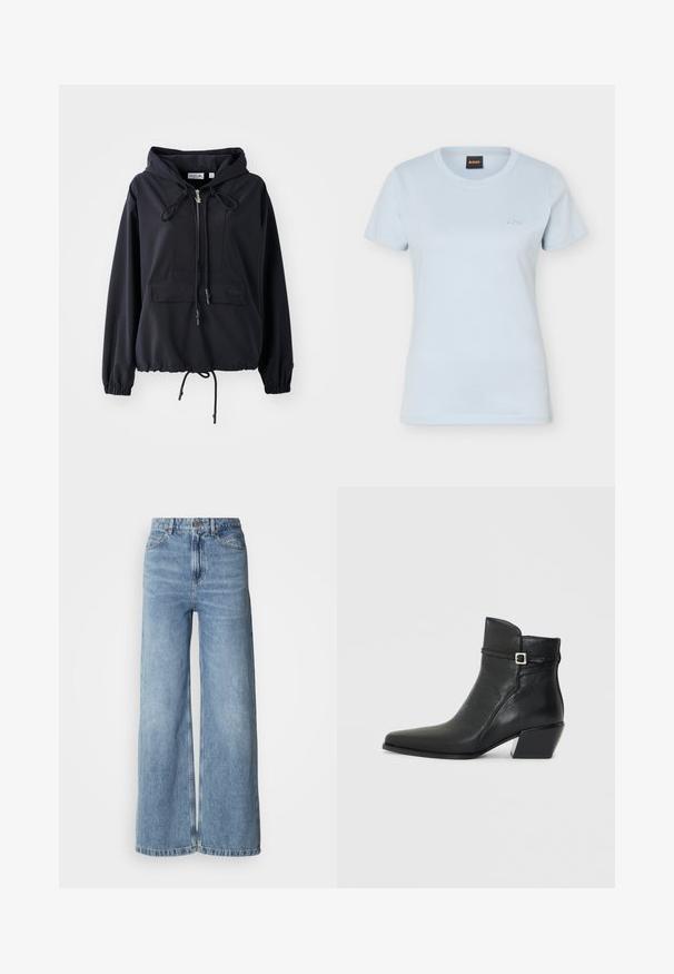 Sort letvægts hættejakke med en frontlomme, justerbare snore i hætten og forneden, samt elastiske ærmer. Har Lacoste branding.; Lyseblå kvinder kortærmet T-shirt med rund hals og lille "BOSS"-logo broderet på venstre bryst samt sort mærkat indeni kraven.; Lyseblå jeans med vide ben lavet af denim, med høj talje, fem-lomme-design og rå kanter. Glat tekstur med en falmet finish.; Sorte læder ankelstøvler med spids tå, en lav blokhæl og en dekorativ rem med en sølvspænde accent. Glat tekstur.