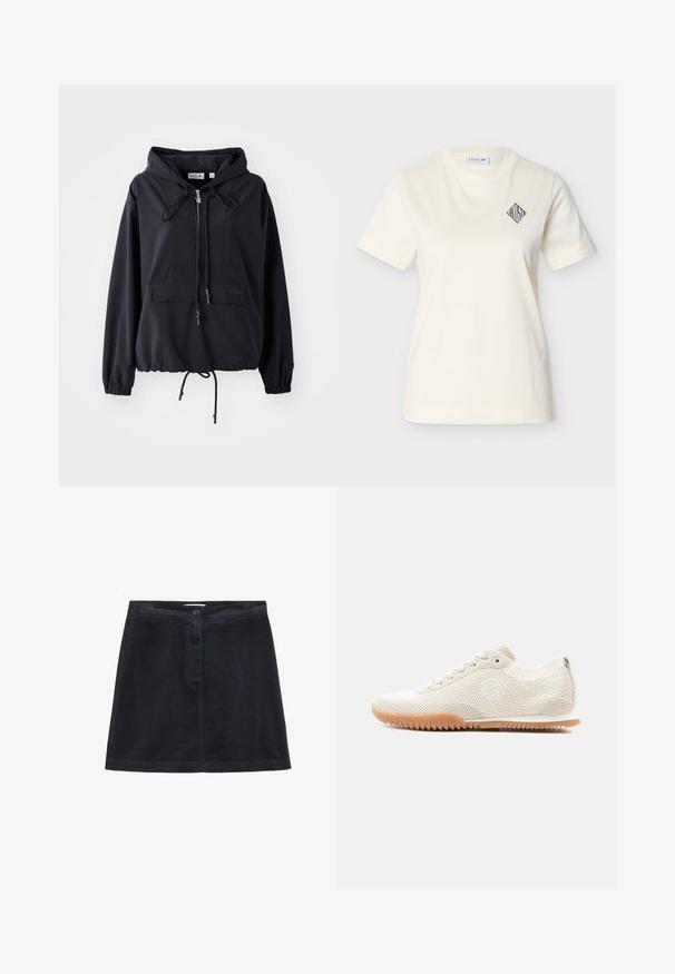 Čierna ľahká mikina s kapucňou, predným vreckom, nastaviteľnými šnúrkami na kapucni a leme a elastickými manžetami. Obsahuje branding Lacoste.; Béžové bavlnené tričko s okrúhlym výstrihom, krátkymi rukávmi a vyšitým logom v tvare diamantu na ľavej strane hrude. Hladká textúra.; Tmavomodrá kordurová mini sukňa s predným zapínaním na gombíky a jemnou vertikálnou rebrovanou textúrou. Obsahuje dve bočné vrecká a rovný lem.; Svetlo béžová sieťovaná teniska so šnúrkami, gumovou podrážkou so zubatým dezénom a jemným vyšívaným logom na boku, zobrazená z ľavého profilu.