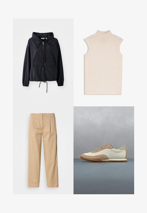 Sort letvægts hættejakke med en frontlomme, justerbare snore i hætten og forneden, samt elastiske ærmer. Har Lacoste branding.; Ærmeløs top med høj hals i lys beige, der har en glat tekstur og en diskret ribstrikket krave med skræddersyede skulderdetaljer.; Beige bomuldsbukser med en afslappet pasform, der har to frontfolder, en lige ben-konstruktion og en klassisk knaplukning i taljen.; Sneaker i creme og beige med tekstureret overdel, snørebånd og gummisål, vist oven på en træoverflade med småsten.