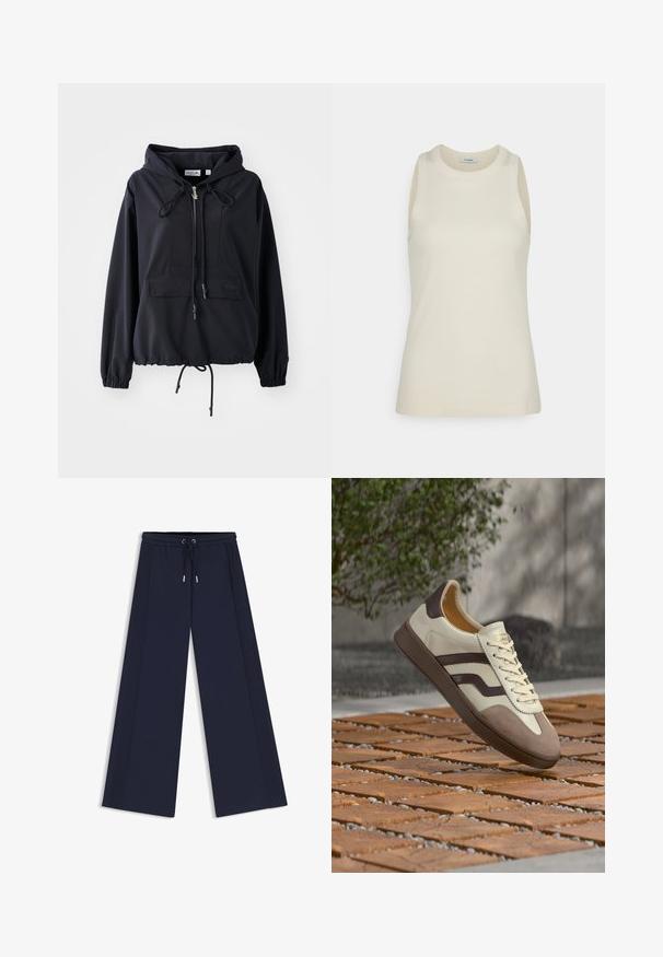 Sort letvægts hættejakke med en frontlomme, justerbare snore i hætten og forneden, samt elastiske ærmer. Har Lacoste branding.; IVY OAK KLARA ANN - Top - almond milk; Marineblå bukser med vidde ben, elastisk talje, snor, sidelommer og diskrete lodrette syninger langs benene.; Kremet og brun sneakers med snørebånd, ruskindsspids og mørkebrun sål, der svæver over et trægulv udendørs.